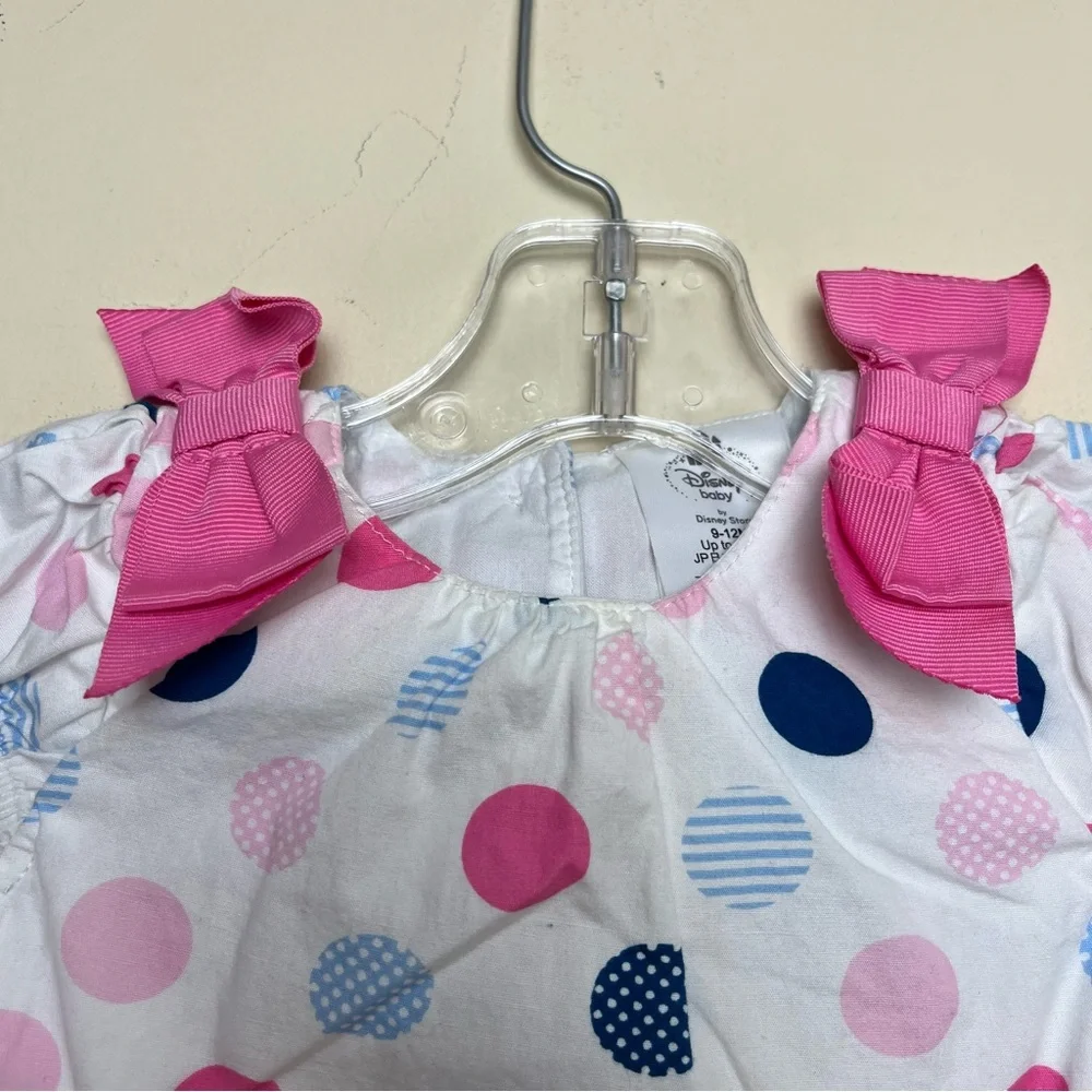 Disney‎ Baby Minnie Mouse  Polka Dot Romper Size 9-12M Pink Bows White Blue